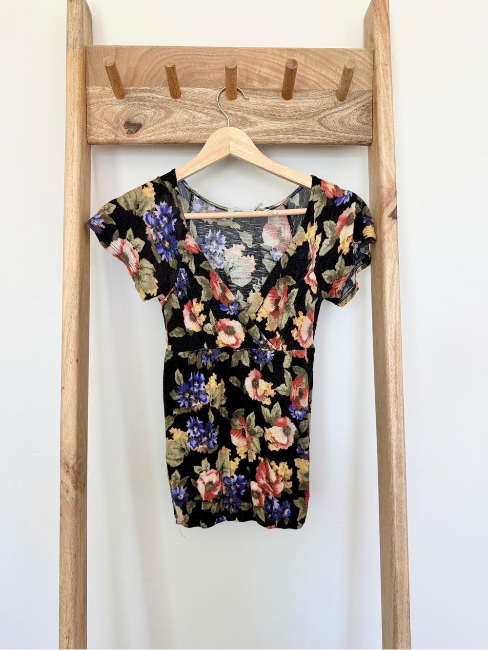 Kimchi Blue Black Floral Wrap-Style Short Sleeve Top